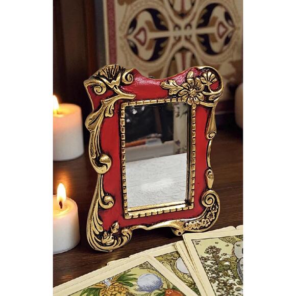 Vintage Red and Gold Ornate Accent Mirror Wall Hanging Scroll Accent Floral - Picture 2 of 13